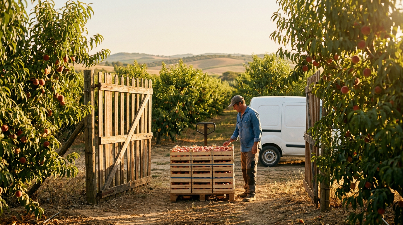 A buyer beside a strapped pallet of peach crates at an orchard gate, with a white van waiting outside
