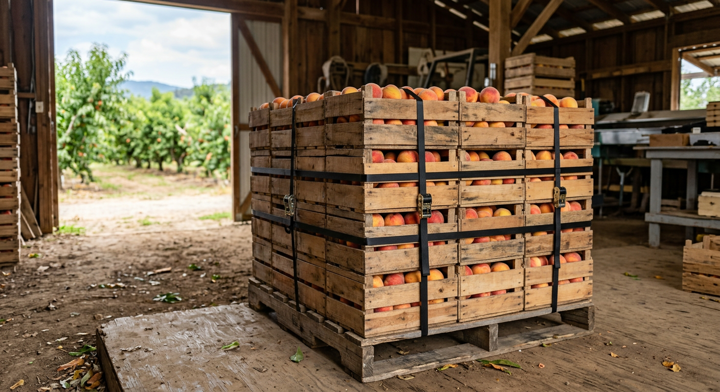 A strapped pallet of peach crates in a packing shed
