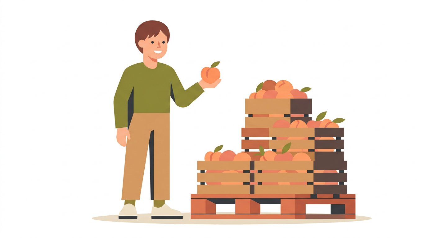 Illustration of a buyer holding a peach beside a pallet of peach crates