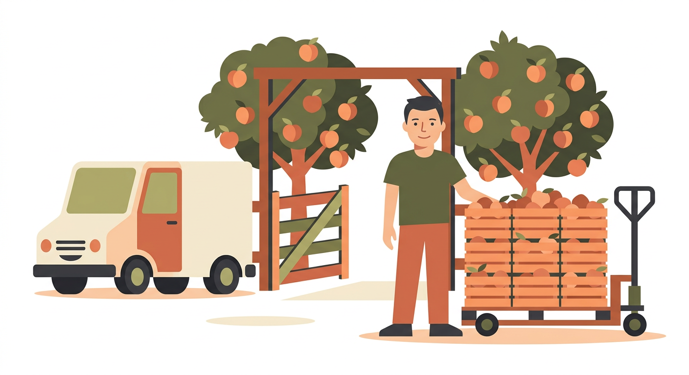 Illustration of a man at an orchard gate beside a van and a pallet of peach crates