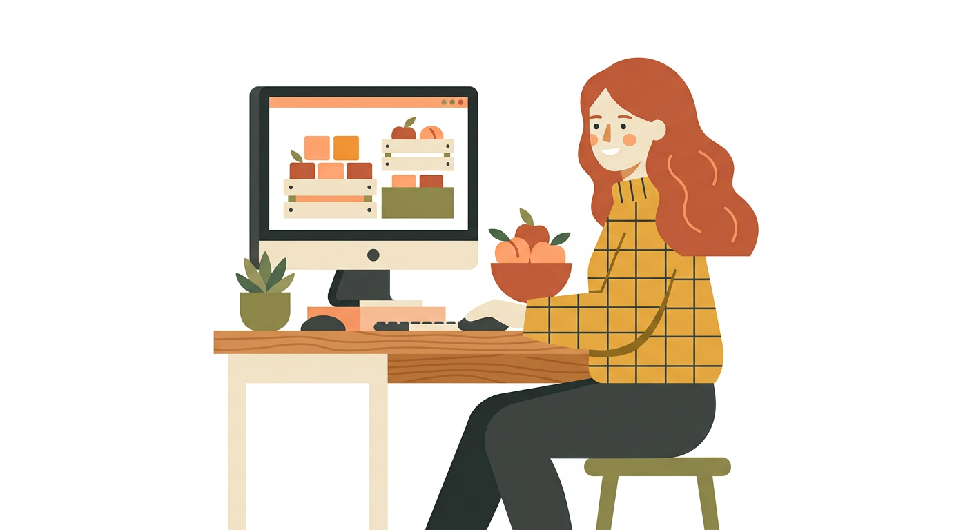 Illustration of a buyer at a desk looking at a pallet of peach crates on a computer screen